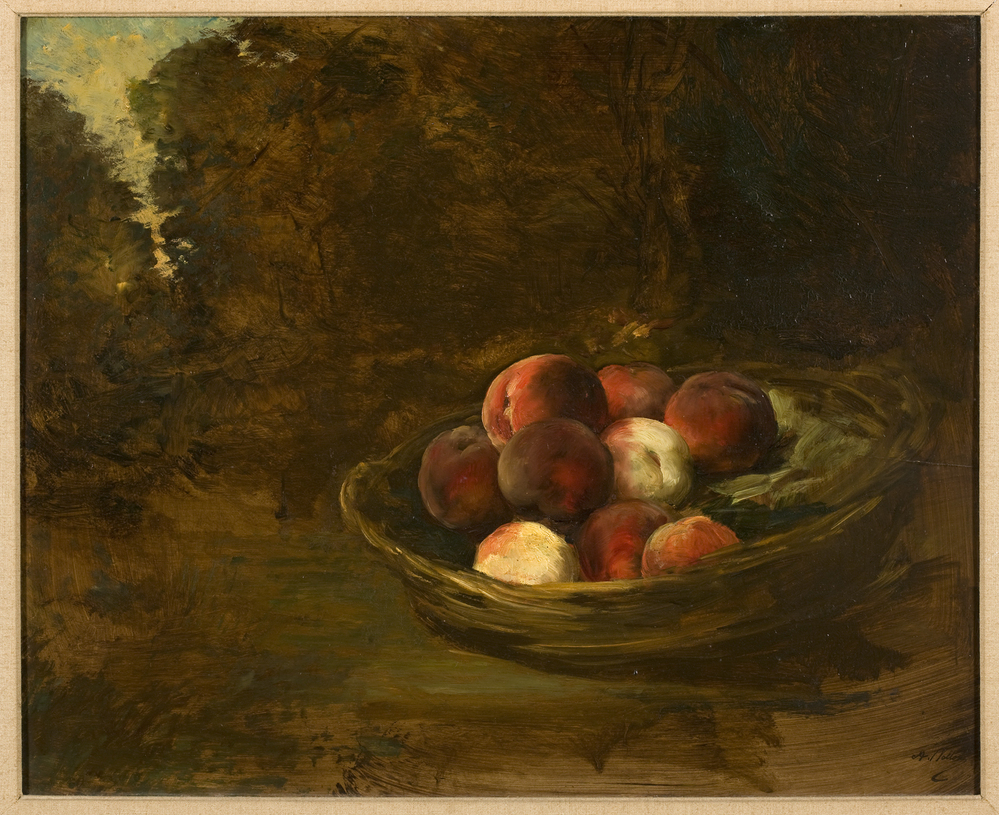 Stilleven met perziken in mand voor landschap